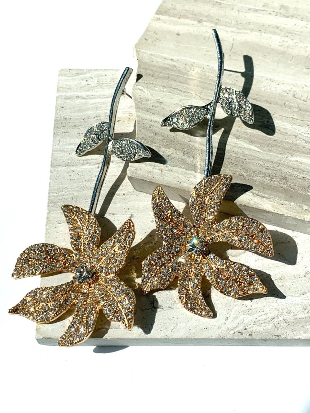 NEW ~ Anthropologie Two-tone Crystal Encrusted Gold Flower Silver Stem Earrings